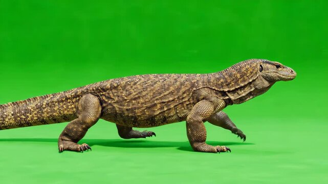 Large monitor lizard walking across a bright green screen background with realistic movement and tongue flicking action