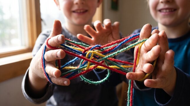 Two Happy Children Playing with a Colorful String Game Together Indoors