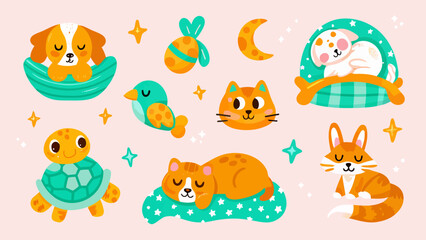 Fototapeta premium Cute cartoon animal sticker set with dog cat turtle bird and fox, illustration