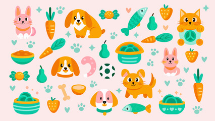 Fototapeta premium Set of cute pet icons with food toys and animal faces collection illustration