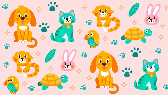 Cute cartoon animal pattern with dogs cats rabbits and parrots, animal print