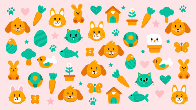 Cute animal faces and decorative elements pattern for kids with illustration