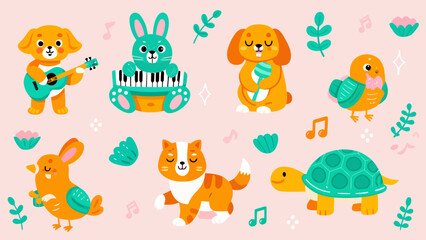 Naklejka premium Cute cartoon animal musicians with musical notes and decorative plants, children