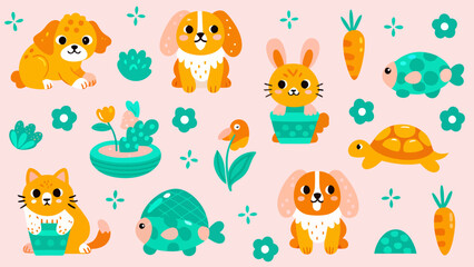 Naklejka premium Set of cute animal illustrations with flowers and garden elements, illustration