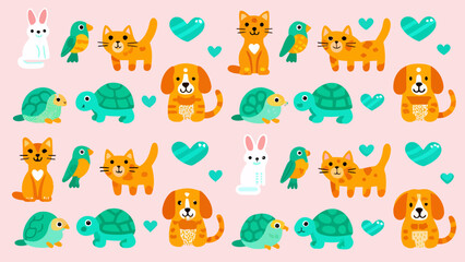 Obraz premium Sweet animal pattern with rabbits cats dogs and turtles illustration childish