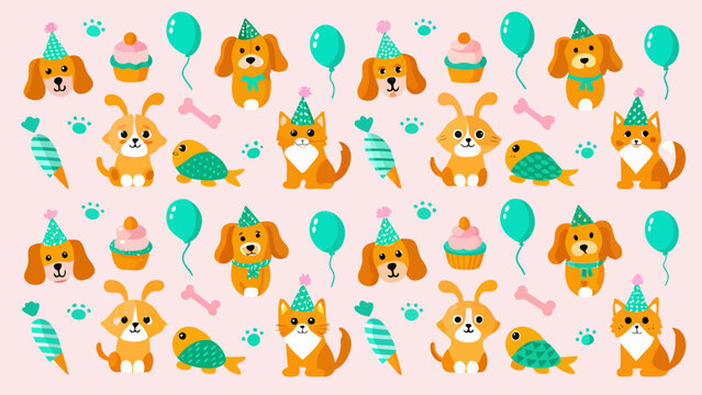 Playful pets birthday party pattern with balloons and party hats, birthday