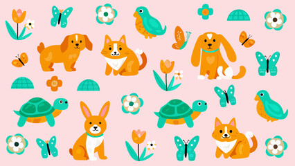 Naklejka premium Set of cute cartoon animals birds and flowers illustration with butterfly