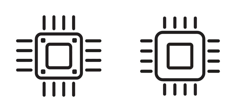 Computer microprocessor vector icon concept featuring CPU chip, integrated circuit, semiconductor technology, digital processing, artificial intelligence, and computing hardware symbols.