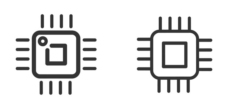 Computer microprocessor vector icon concept featuring CPU chip, integrated circuit, semiconductor technology, digital processing, artificial intelligence, and computing hardware symbols.
