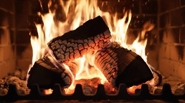 Close-up view of burning logs in a cozy fireplace emitting a warm orange glow