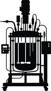 Black and white vector silhouette illustration of laboratory bioreactor stirred tank fermenter equipment for biotechnology and pharmaceutical research concept