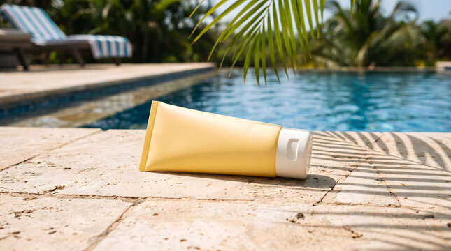 Yellow sunscreen tube resting on stone edge near resort swimming pool lotion