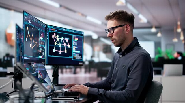 Cybersecurity Analyst Uses Dual Touchscreen Laptops Monitoring Network Threats
