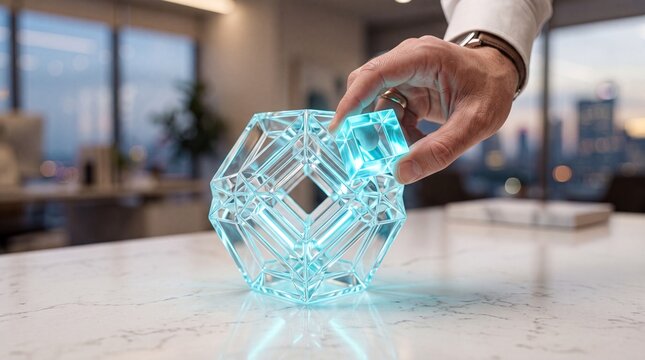 Hand touching glowing geometric crystal structure on marble desk with touchscreen interaction futuristic