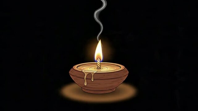 Original Two Dimensional Animated Rustic Clay Oil Lamp with Stable Golden Flame on Black Background Seamless Loop