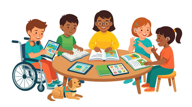 Inclusive group of diverse students with disabilities engage in a collaborative learning session at a table with tablets and books while accompanied by a helpful service dog for specialized support.