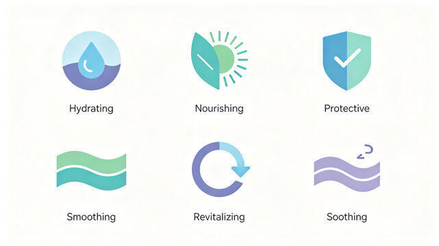 Fresh and gradual skin care flat icon, moisturizing, nourishing, protecting, smoothing, rejuvenating and soothing, and the details page of emulsion essence skin care products
