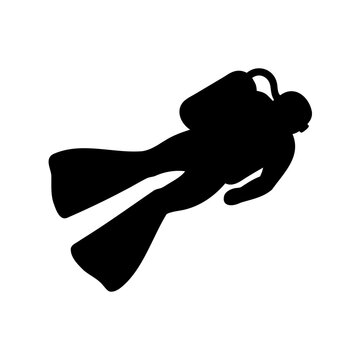 Silhouette of scuba diver swimming underwater - A sleek black silhouette of a scuba diver in action, showcasing diving gear and aquatic exploration.