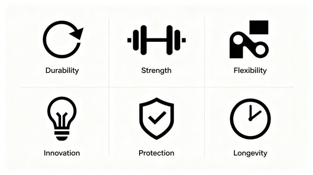 Material minimalist line icon, durable, high-strength, flexible, innovative and long-lasting protection, industrial building materials hardware detail page with pictures
