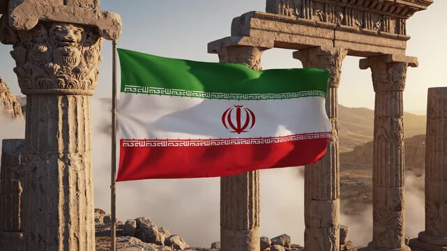 The Iranian flag with green, white, and red stripes and national emblem waves in front of ancient stone ruins with weathered columns and archways under warm sunlight. 
