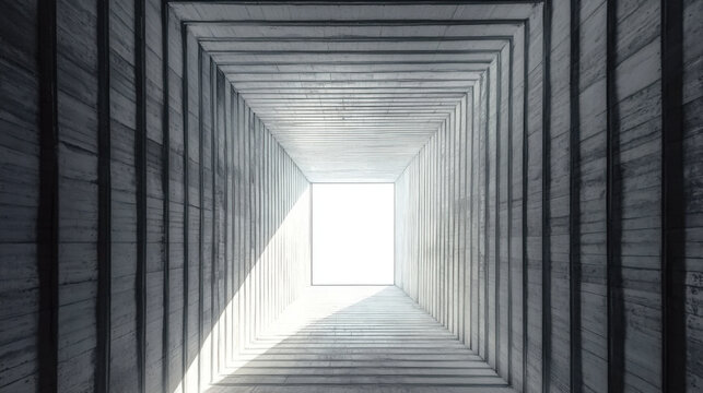 Abstract building facade concrete void or tunnel with natural light in the end in twist view