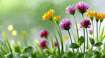 Fototapeta premium Vibrant pink and yellow flowers bloom against blurred green and yellow background, showcasing nature's beauty