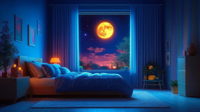 cozy bedroom at night with a bright moon and starry sky