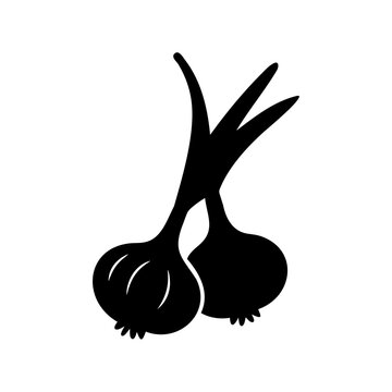 Black and white onion illustration - Clean and stylized vector illustration of two black and white onions with green tops, minimalist design.