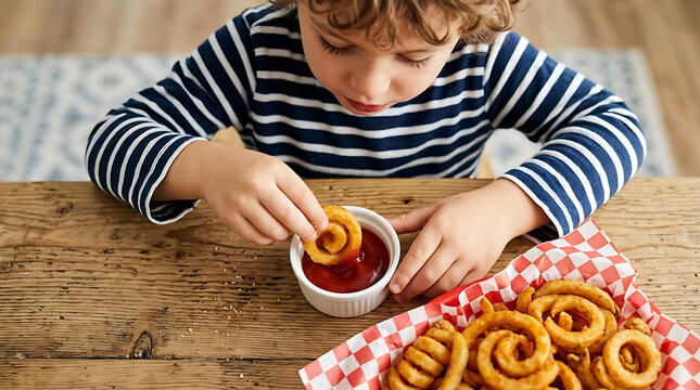 Child Eating Curly Fries with Ketchup: Kids' Fast Food, Restaurant Menu, Family Dining, Snack Time, Unhealthy Eating Habits