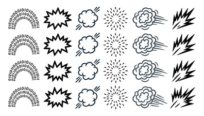 Comic book explosion bubble set with retro pop art speech cloud starburst binary code and flash effects vector illustration © Moner