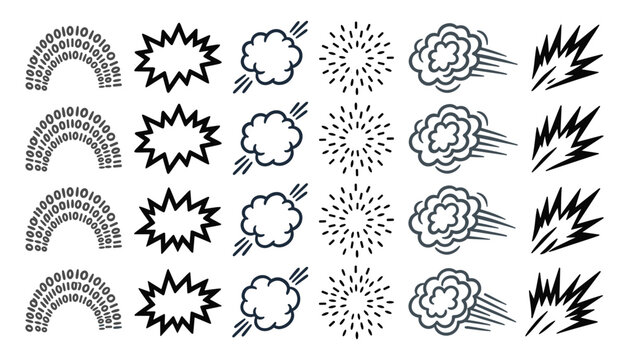 Comic book explosion bubble set with retro pop art speech cloud starburst binary code and flash effects vector illustration