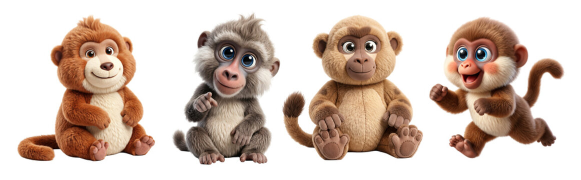 Four adorable cartoon monkey characters set isolated with faces soft fur on transparent background