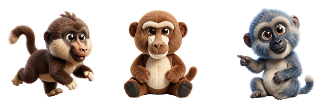 Three cute cartoon monkey characters sitting with adorable stylized on transparent background