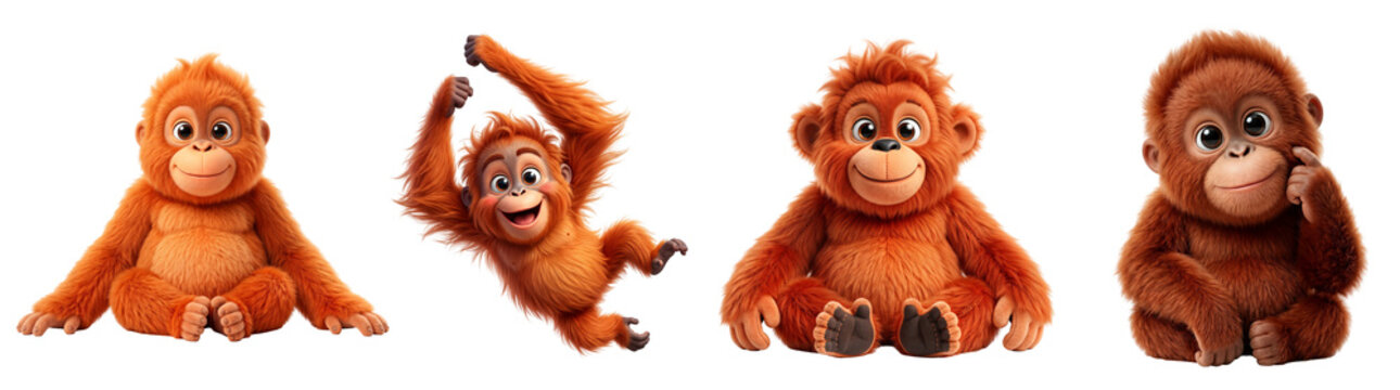 Four cute cartoon orangutan characters sitting with characters soft on transparent background