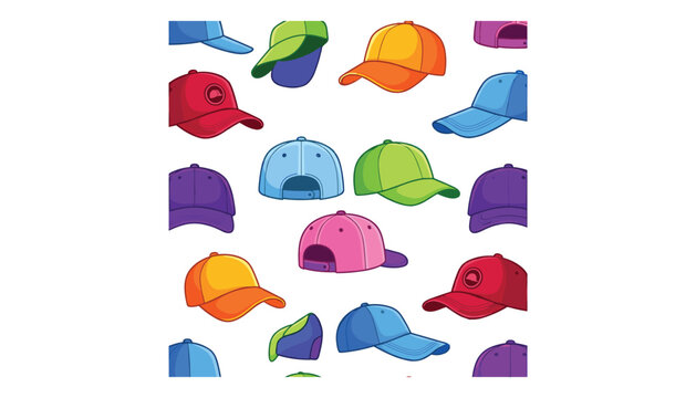 Colorful baseball caps seamless pattern featuring bright sports hats headwear snapbacks visors and streetwear fashion accessories vector decoration.