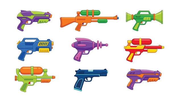 Colorful water gun and plastic toy weapon collection with squirt pistols blasters and space rayguns for kids summer pool games