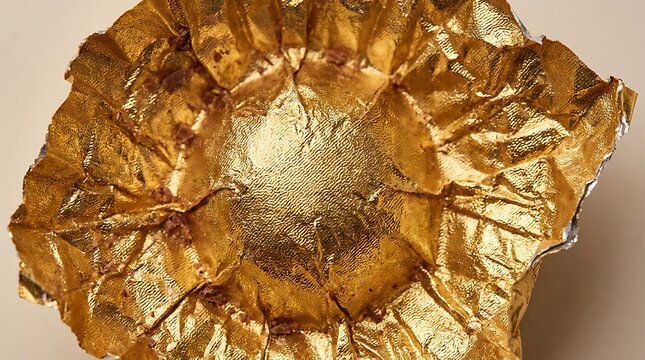 Crumpled gold foil wrapper texture. Metallic shiny paper background for luxury design.