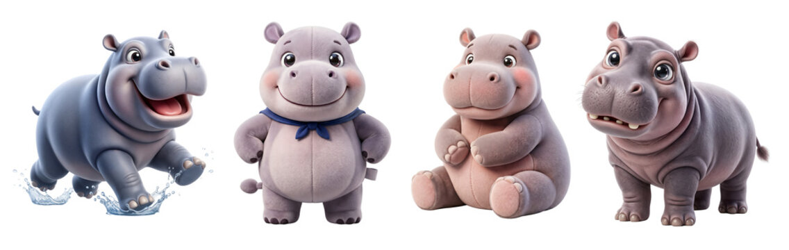 Four adorable cartoon hippopotamus characters isolated with four distinct on transparent background
