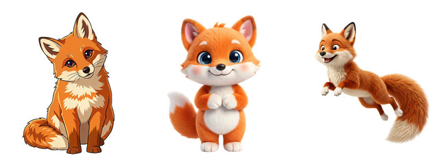 Obraz premium Three cute cartoon foxes in different poses isolated with fox on transparent background