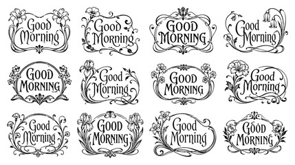 Floral good morning text frames with flower and leaf decorations. © MdJubayer