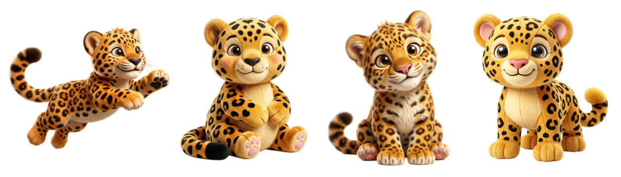 Cute cartoon leopard cubs collection featuring various playful poses on transparent background