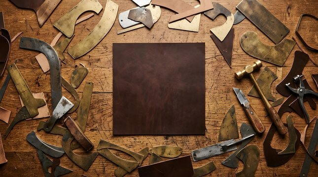 Brown leather square on a wooden workshop table with craft tools