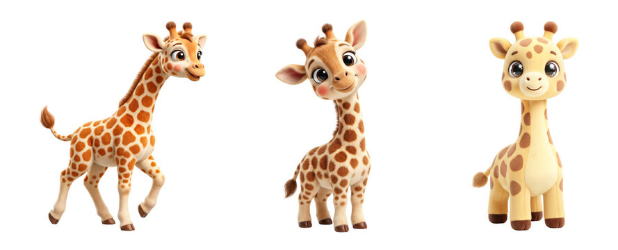 Three adorable cartoon giraffes standing together with eyes soft textures on transparent background