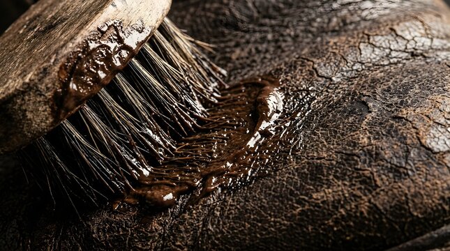 Brown wax polish being applied with a wooden brush to old leather boots