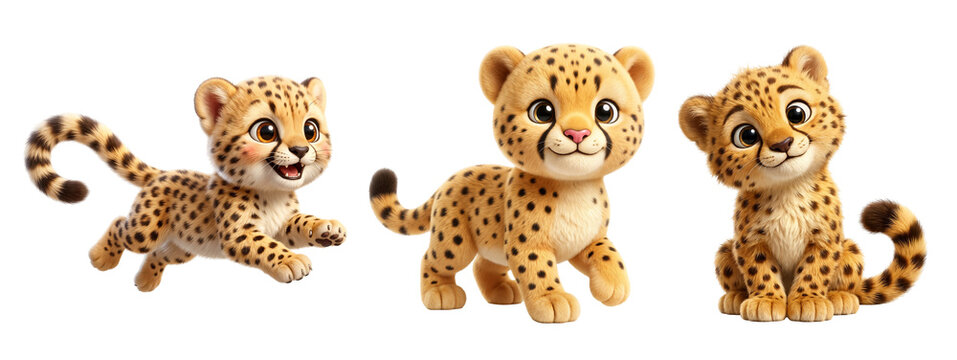 Three playful cheetah cubs cartoon collection with various poses on transparent background