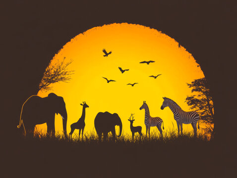 Amazing sunset and sunrise.Panorama silhouette tree in africa with sunset