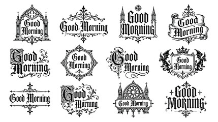 Gothic style good morning text with decorative elements and borders. © MdJubayer