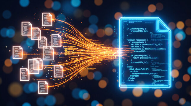 Futuristic cloud computing concept with data synchronization, file transfer, and glowing digital network streams.