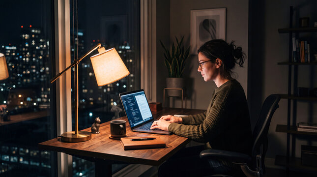 Female software developer deeply focused on coding at night using an ultrawide curved monitor in a dark aesthetic home office.