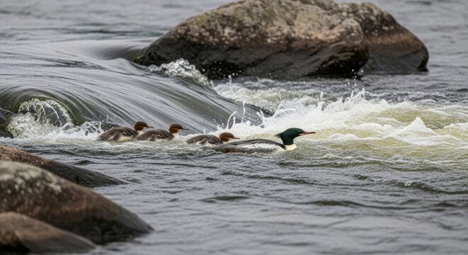 A mother merganser duck swims with ducklings through the rushing river